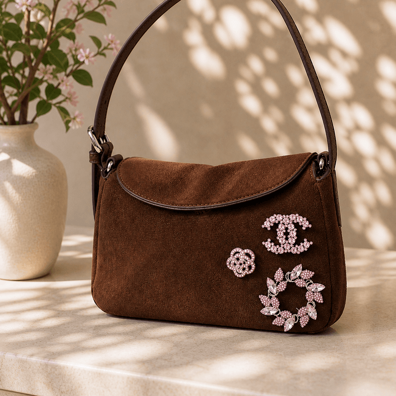 Henny liten veske - brun med rosa brosjer - produktpakke
