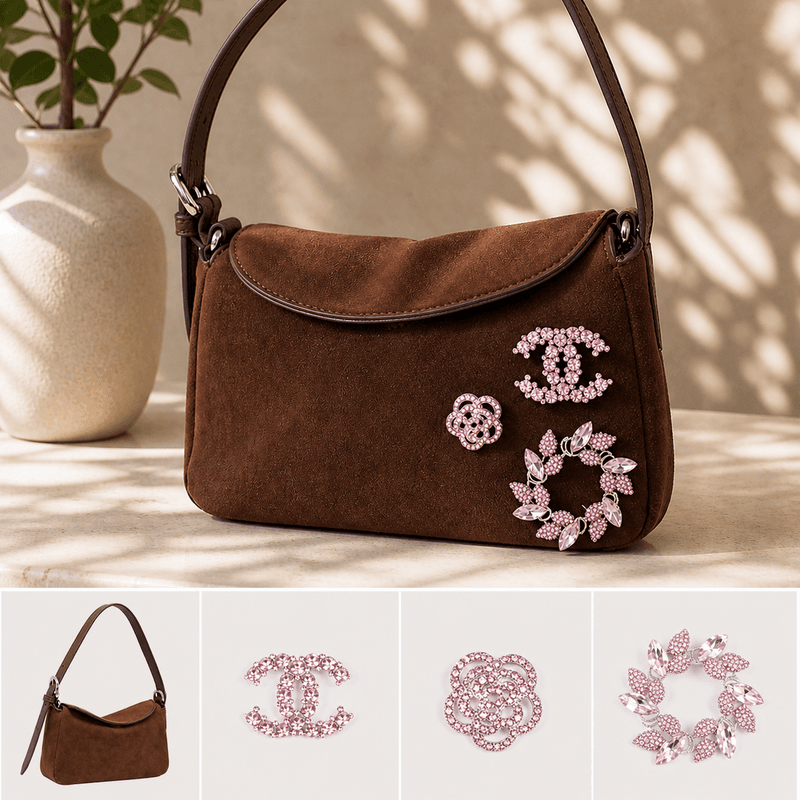 Henny liten veske - brun med rosa brosjer - produktpakke