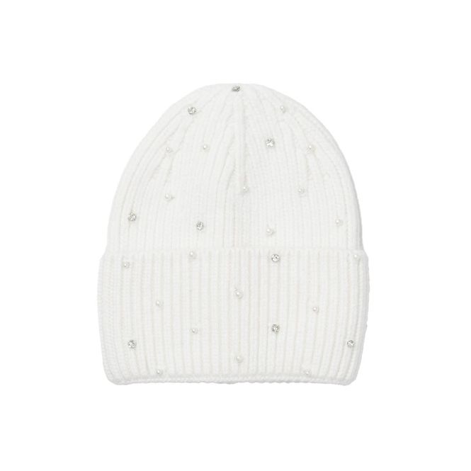 Hovedbilde Hvit ribbestrikket lue med perler - ullblanding
